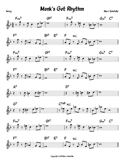 Monk's Got Rhythm swing lead sheet showing treble staves and jazz chord symbols